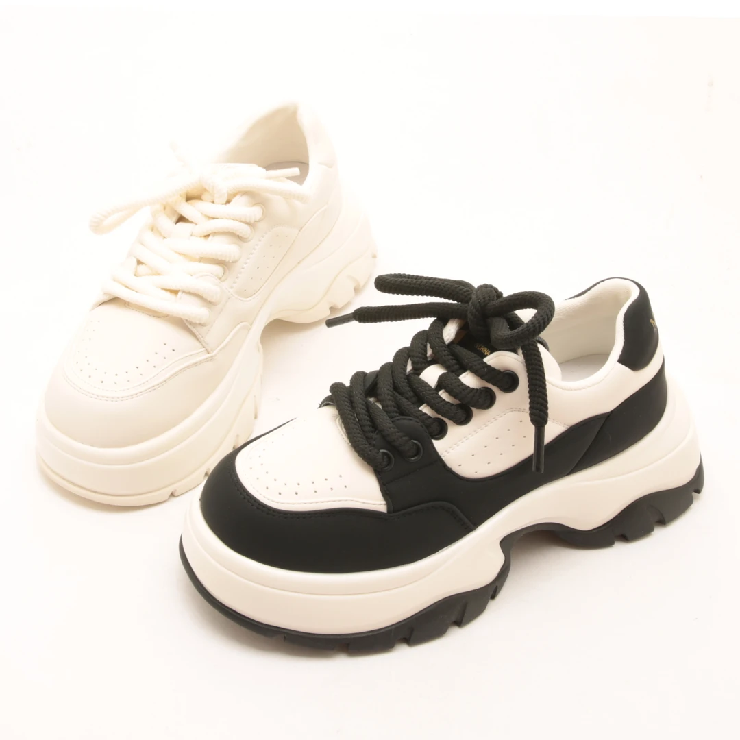 4225夏秋新款老爹鞋女款真皮松糕厚底增高黑白熊猫运动休闲鞋