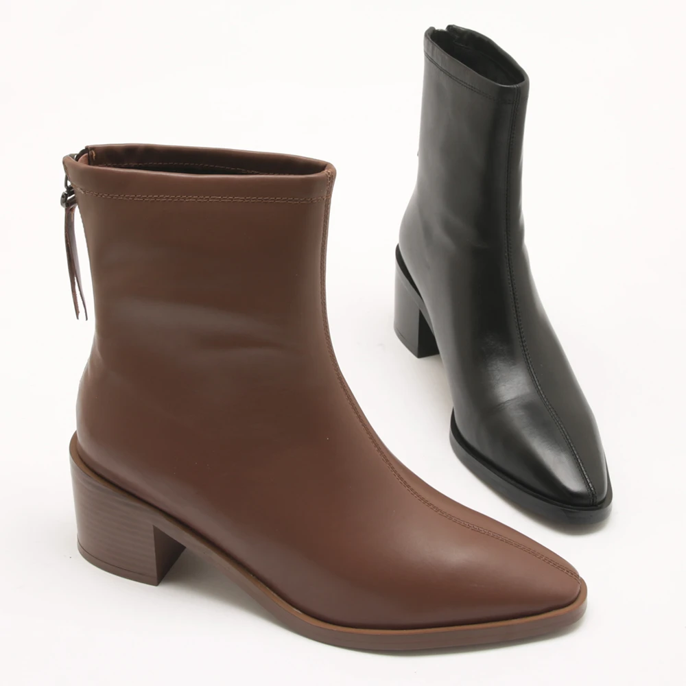 秋冬新款尖头粗跟短靴女薄绒皮垫后拉链瘦瘦靴15226