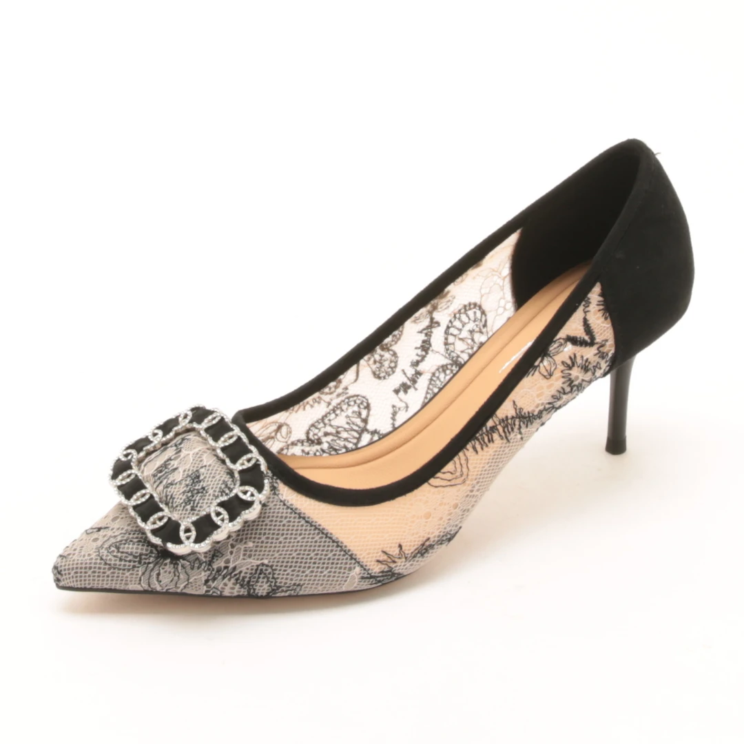 夏季新款货蕾丝透网浅口方扣单鞋尖头国风高跟女鞋3341