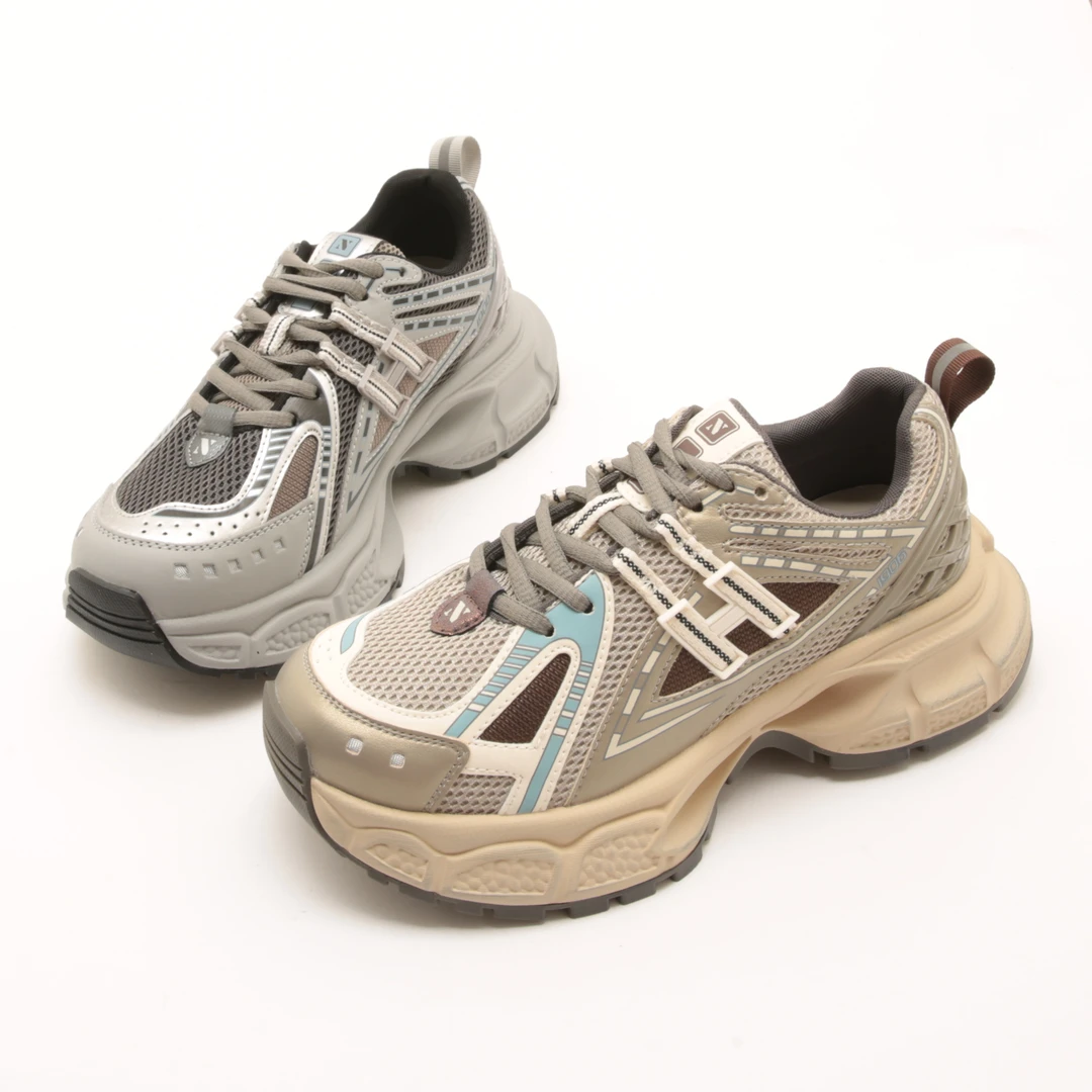 5165秋季新款系带真皮老爹鞋女厚底增高复古运动鞋网面透气休闲鞋