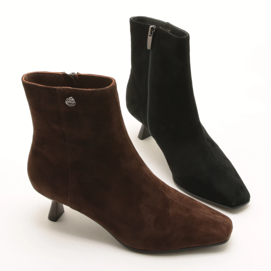 5482冬季新款小方头侧拉链短靴女真皮绒面细跟单靴