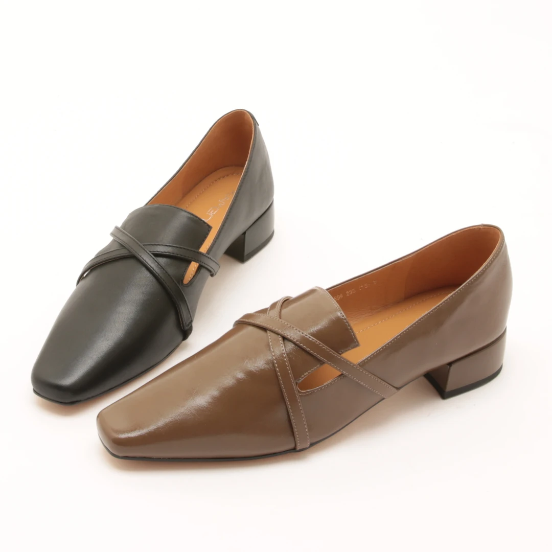 4773春秋新款欧洲站方头粗跟中口单鞋女交叉带一脚蹬低跟穆勒鞋