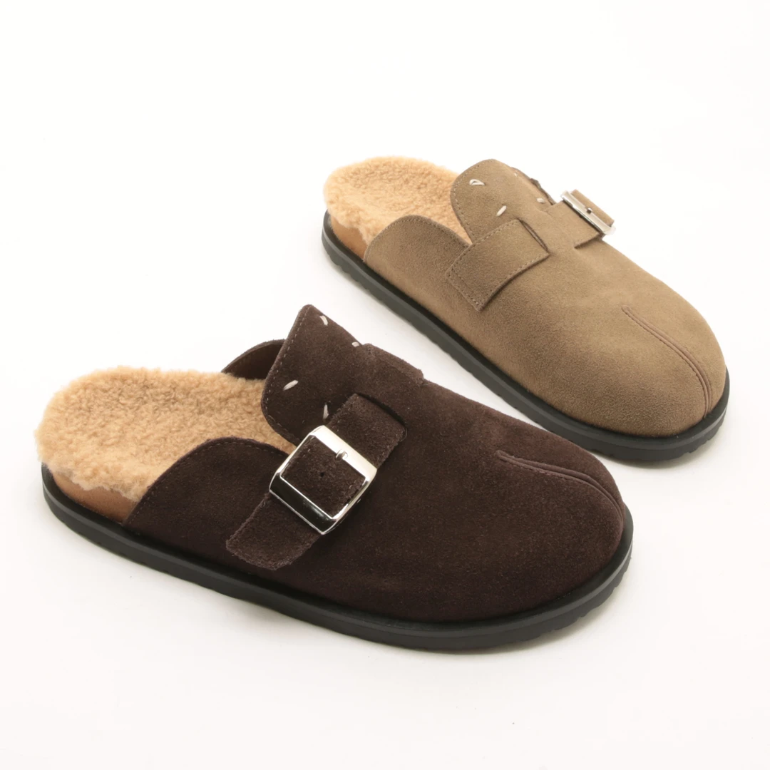 5466秋冬新款圆头真皮加绒勃肯鞋女居家拖鞋外穿平底包头拖