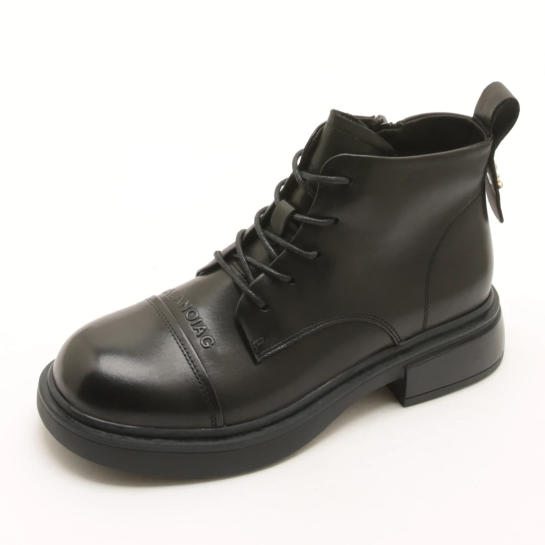 5235秋冬新款圆头系带马丁靴女百搭单里英伦机车低跟侧拉链短靴