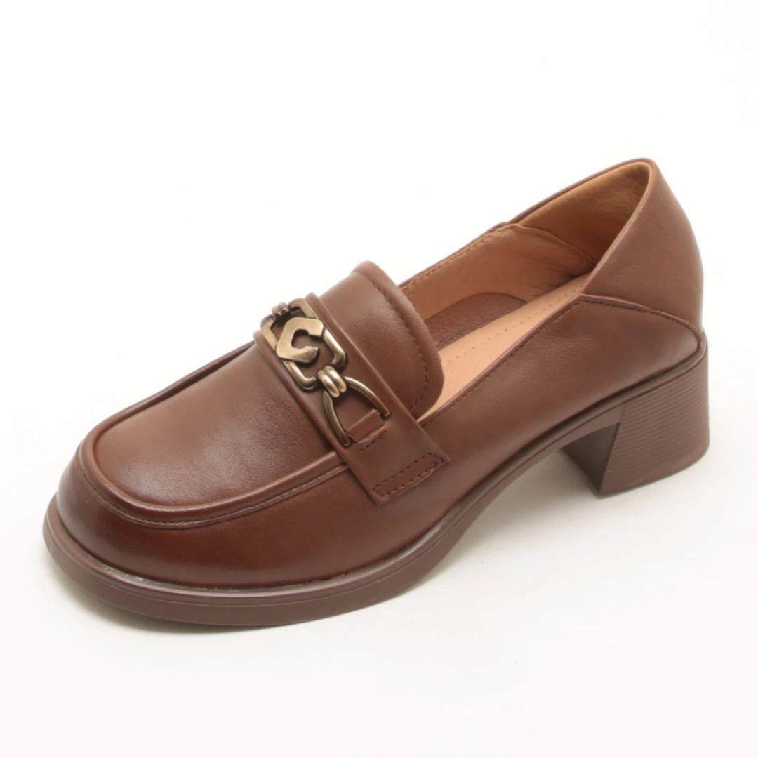 5274秋季新款复古圆头粗跟乐福鞋女休闲单鞋舒适软底小皮鞋