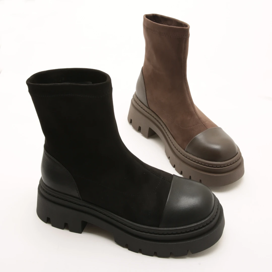 5378秋冬新款圆头拼接轻便厚底瘦瘦靴女时尚粗跟单里弹力靴