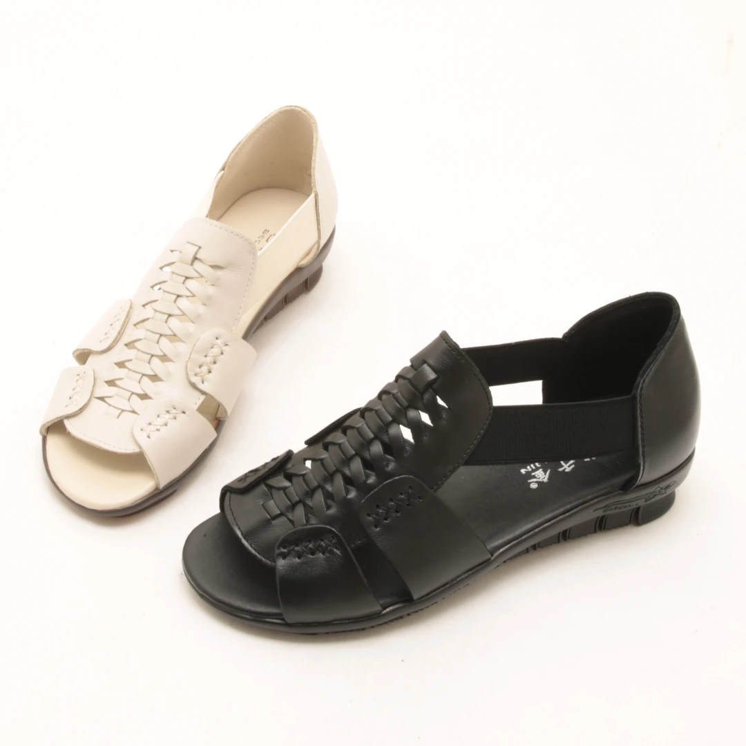 4194夏季新款鱼嘴松紧一脚蹬妈妈鞋平底女士舒适软底镂空罗马凉鞋