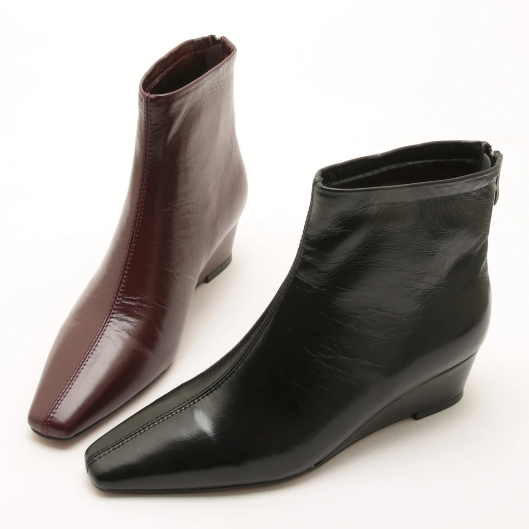 5391秋冬新款坡跟真皮短靴时尚中跟瘦瘦靴方头百搭女鞋气质单靴