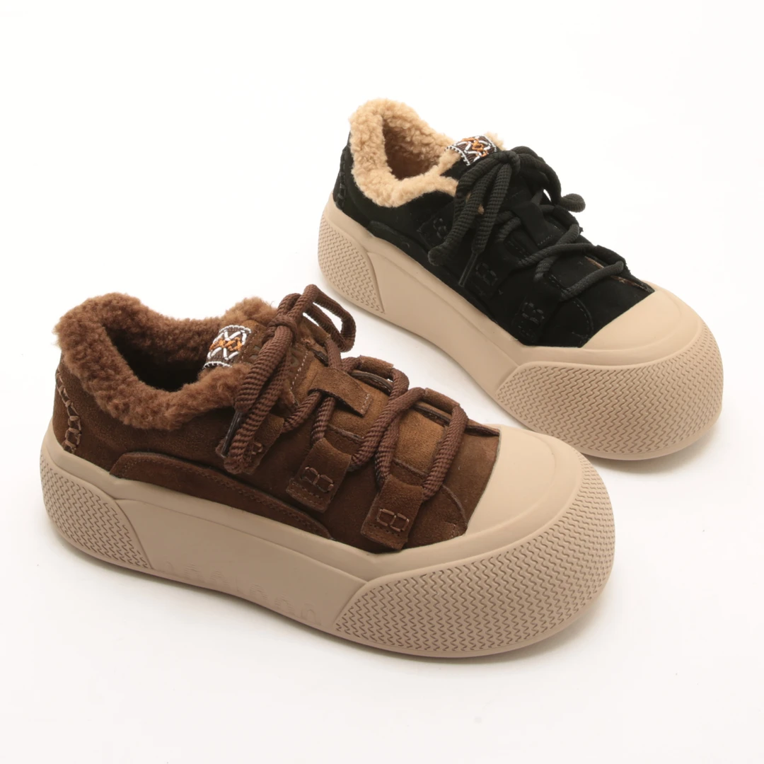 5461冬季新款系带丑萌轻便厚底大头鞋女加绒保暖休闲毛毛棉鞋