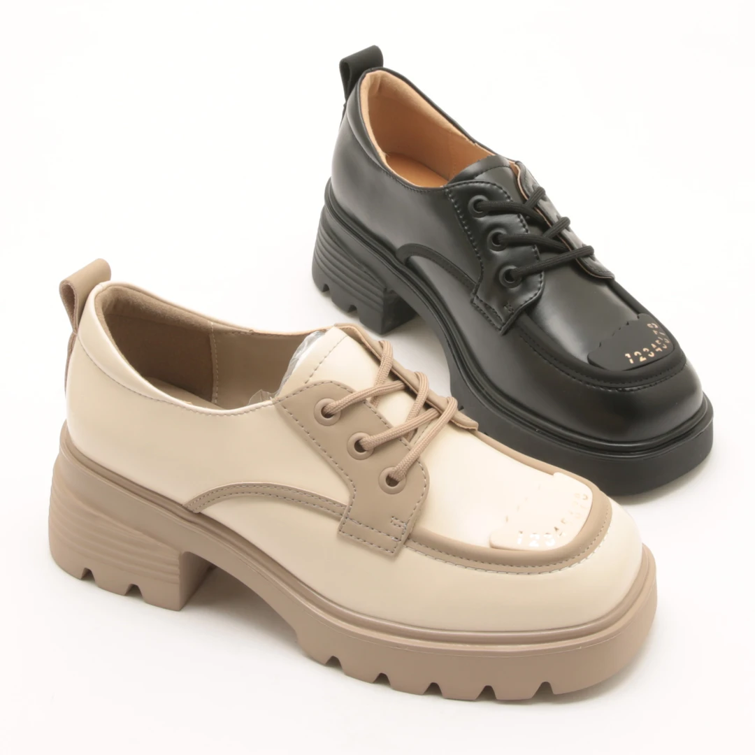 春季新款厚底真皮系带乐福鞋休闲粗跟单鞋拼色中跟女鞋3057