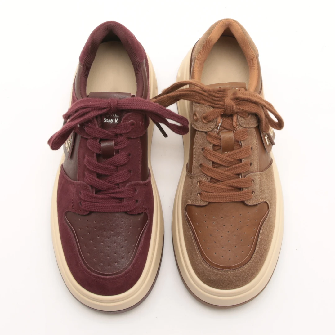 5240秋季新款复古系带轻便厚底拼色板鞋女增高圆头运动休闲鞋