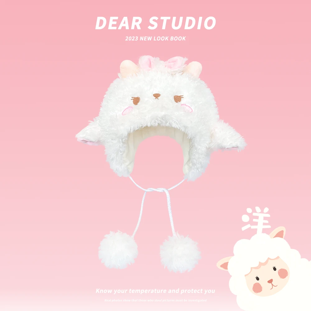 日系可爱软萌小羊毛绒雷锋帽子女秋冬季保暖百搭绑带包头帽护耳帽