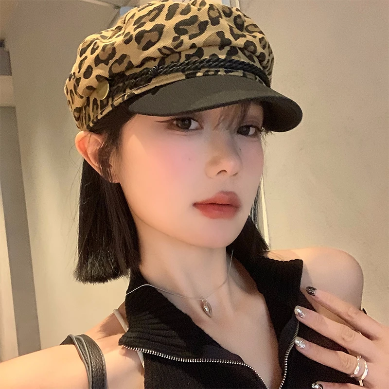 复古千禧辣妹y2k豹纹八角贝雷帽女夏季百搭大头围显脸小小众帽子