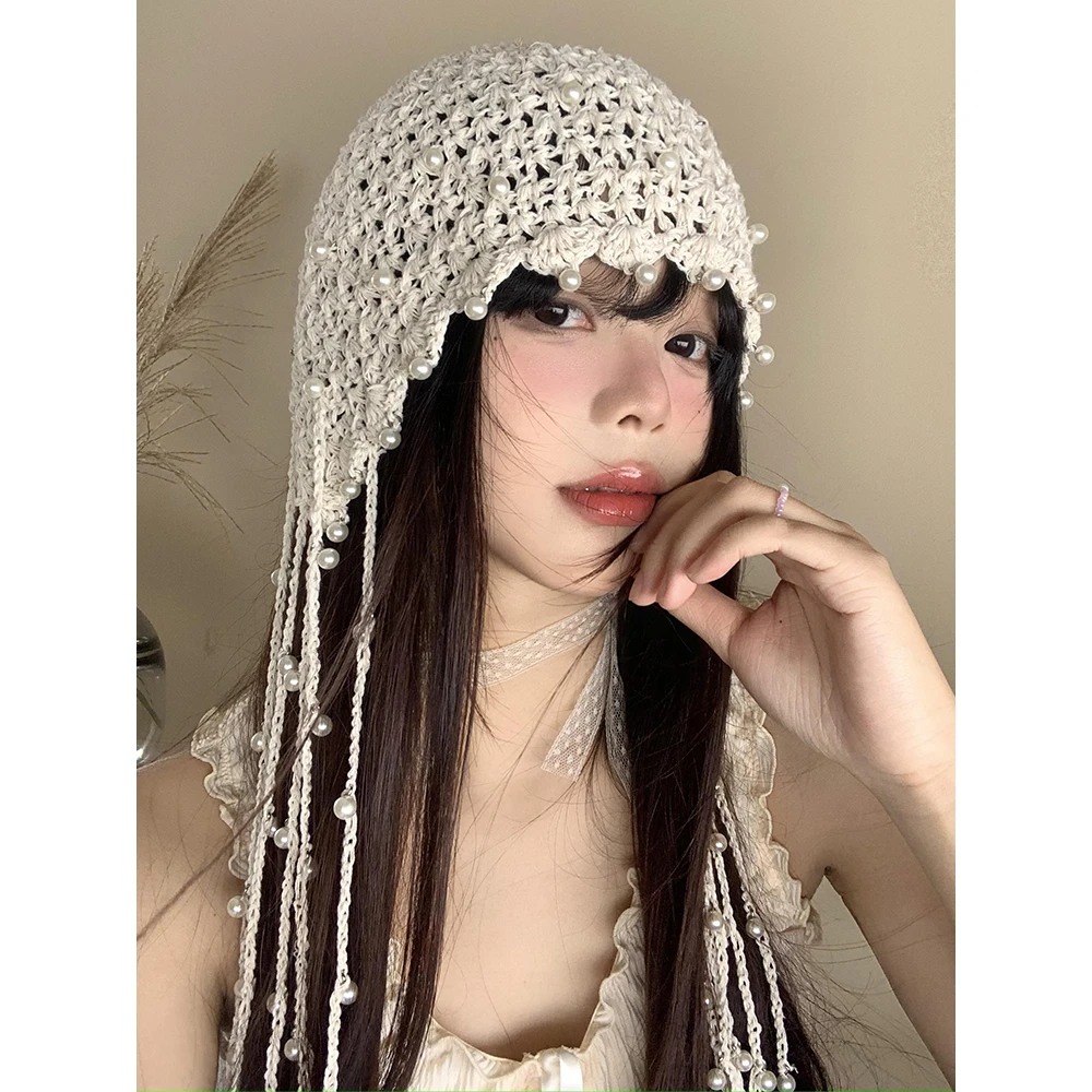 镂空珍珠流苏吊坠包头帽女夏季名族风针织套头帽复古显脸小帽子