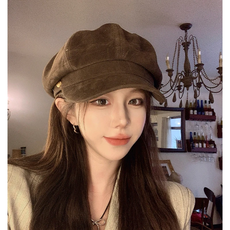 咖色贝雷帽女秋冬2024新款皮质复古百搭显脸小英伦风报童八角帽子