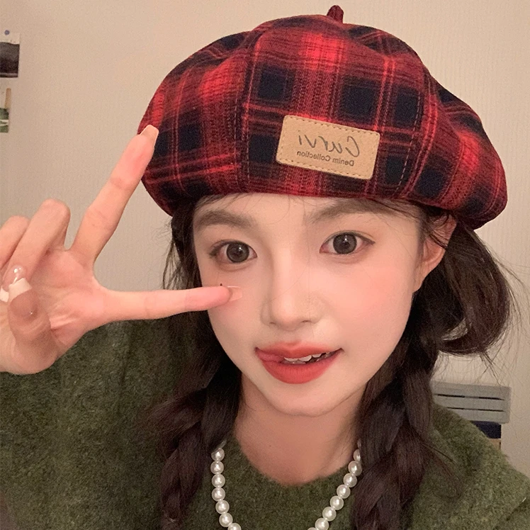 复古格子贝雷帽子女秋冬毛呢休闲百搭显脸小八角画家帽ins保暖