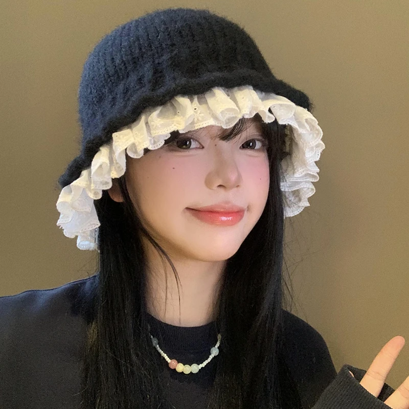 蕾丝花边黑色针织渔夫帽女秋冬季韩系显脸小毛线帽大头围毛绒帽子