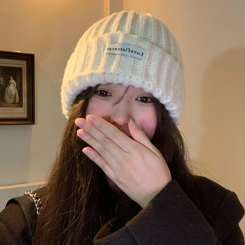 白色大头围宽松毛线帽女秋冬季显脸小针织帽子韩版护耳大头围帽子