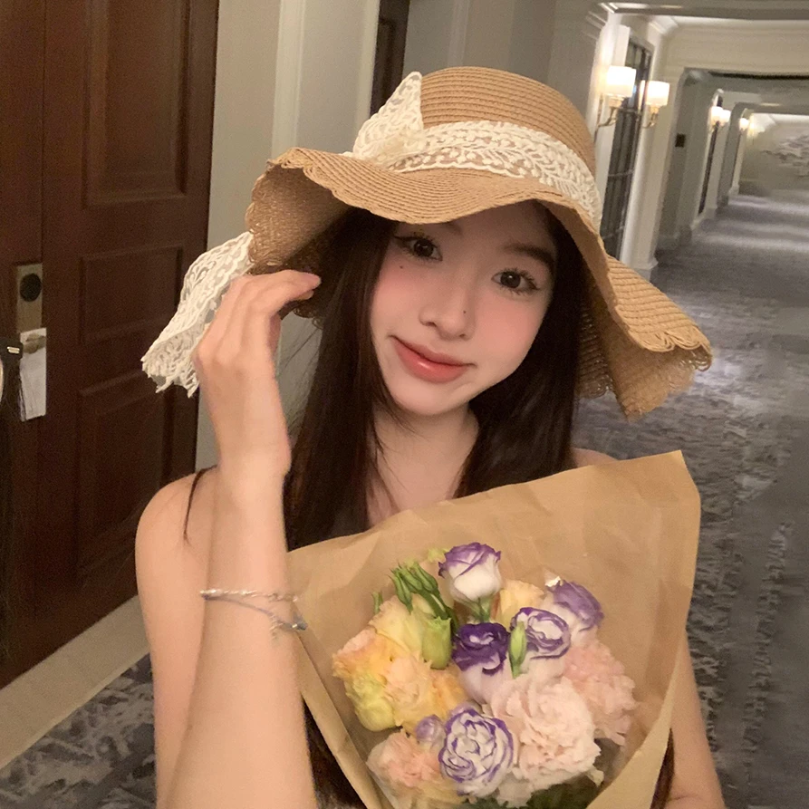 夏季遮阳帽子甜美渔夫帽透气蕾丝蝴蝶结大帽檐草帽女百搭显脸小