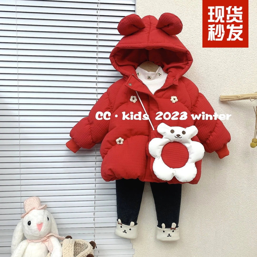1161冬款儿童款韩版中小童女宝纯色系加绒加厚兔耳朵连帽棉服外套