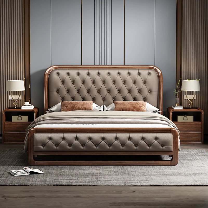 至圣千品胡桃木实木现代简约中式1.8m真皮软包1.5m双人床主卧婚床