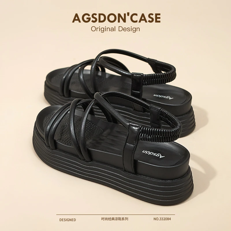 奥古狮登罗马凉鞋女秋外穿2025新款黑色平底松糕仙女风厚底凉拖鞋
