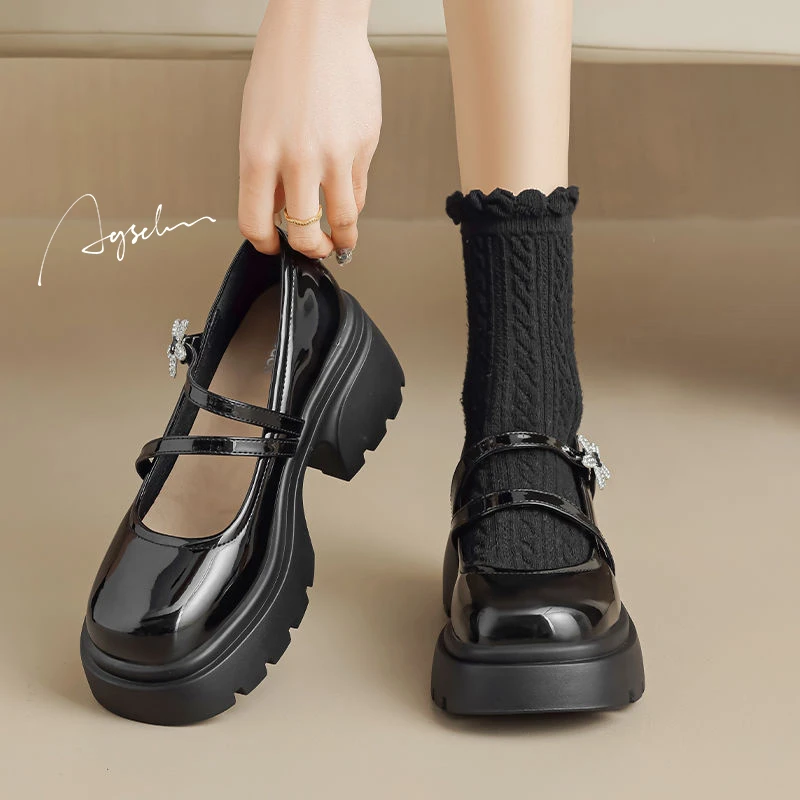 奥古狮登玛丽珍女鞋2024新款春季洛丽塔jk单鞋黑色粗跟高跟小皮鞋