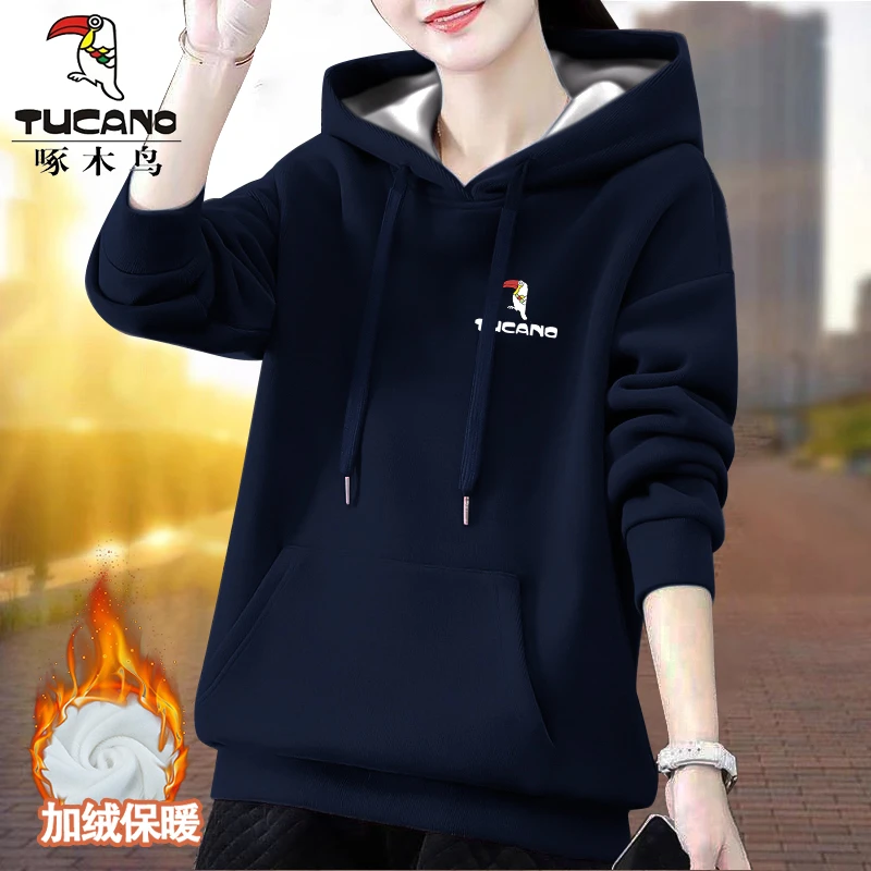 啄木鸟加绒大码宽松百搭设计感上衣2024秋冬季简约连帽中长款卫衣