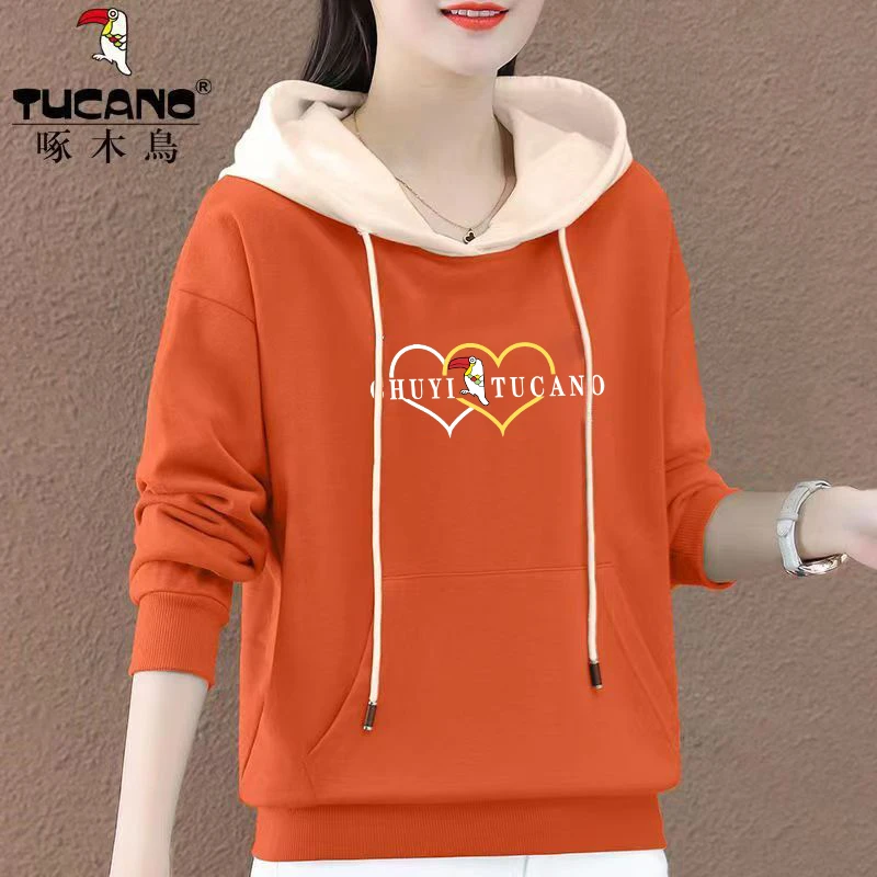 薄款/加绒 啄木鸟正品2023年秋冬季新款简约印花宽松连帽拼色卫衣