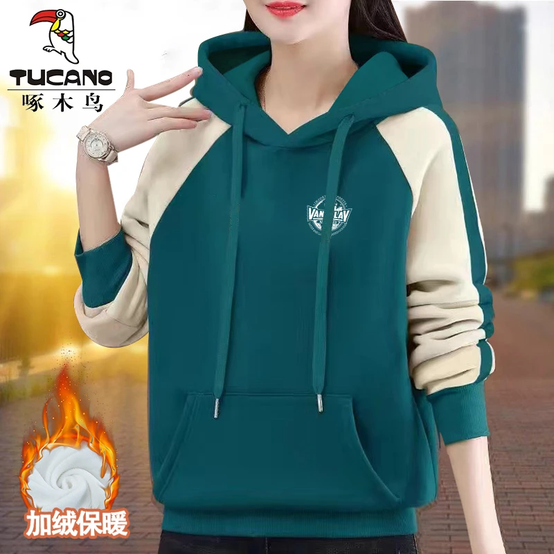 啄木鸟加绒加厚拼色上衣女秋冬款连帽印花宽松时尚ins慵懒风卫衣
