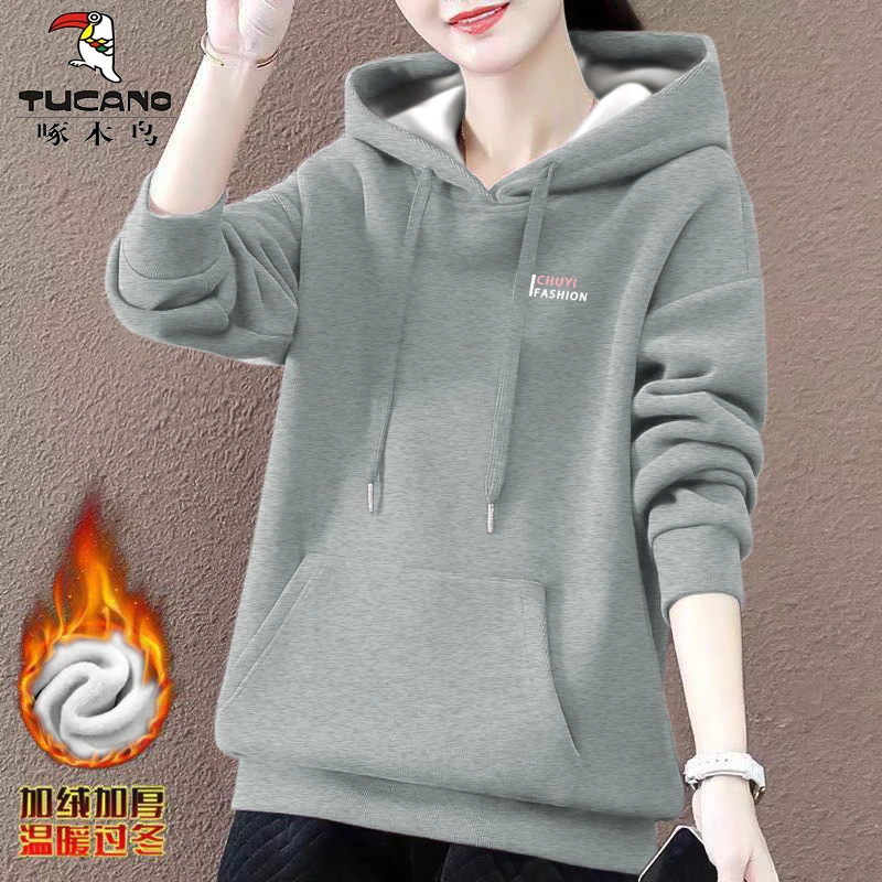 加绒 啄木鸟棉款时尚百搭女装2023年秋冬季印花棉款休闲连帽卫衣