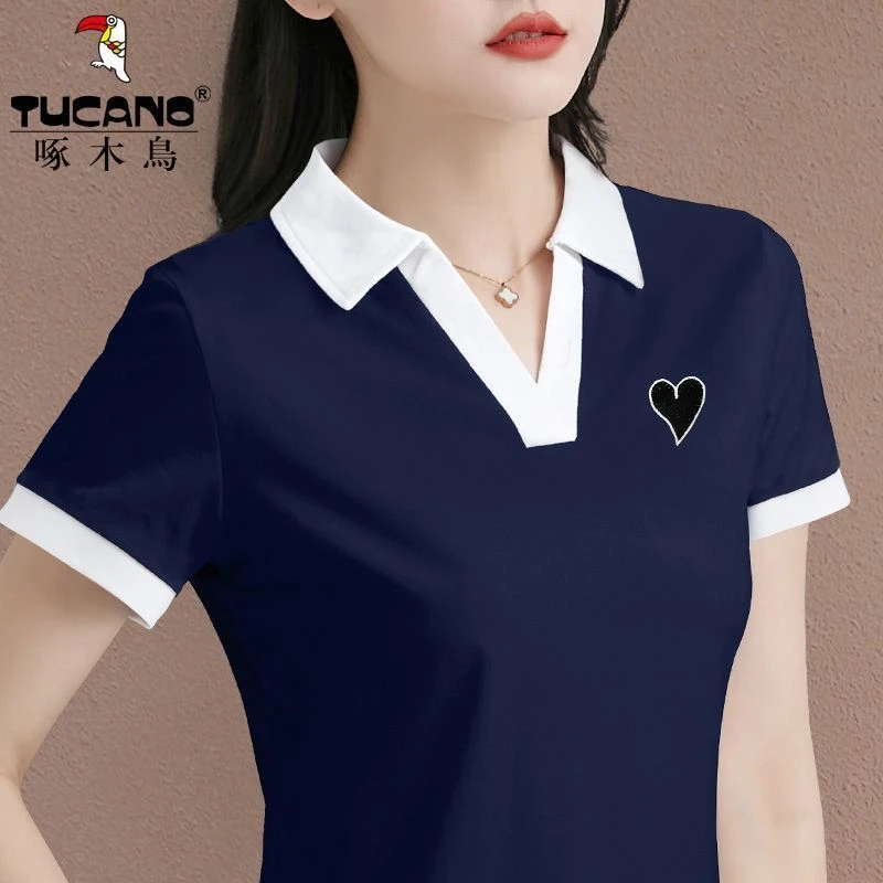 啄木鸟正品高端棉质2023年夏季新款POLO领显瘦体恤衫女装短袖t恤