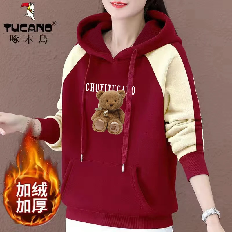 加绒 啄木鸟新款休闲上衣2023年秋冬季棉款宽松时尚连帽拼色卫衣