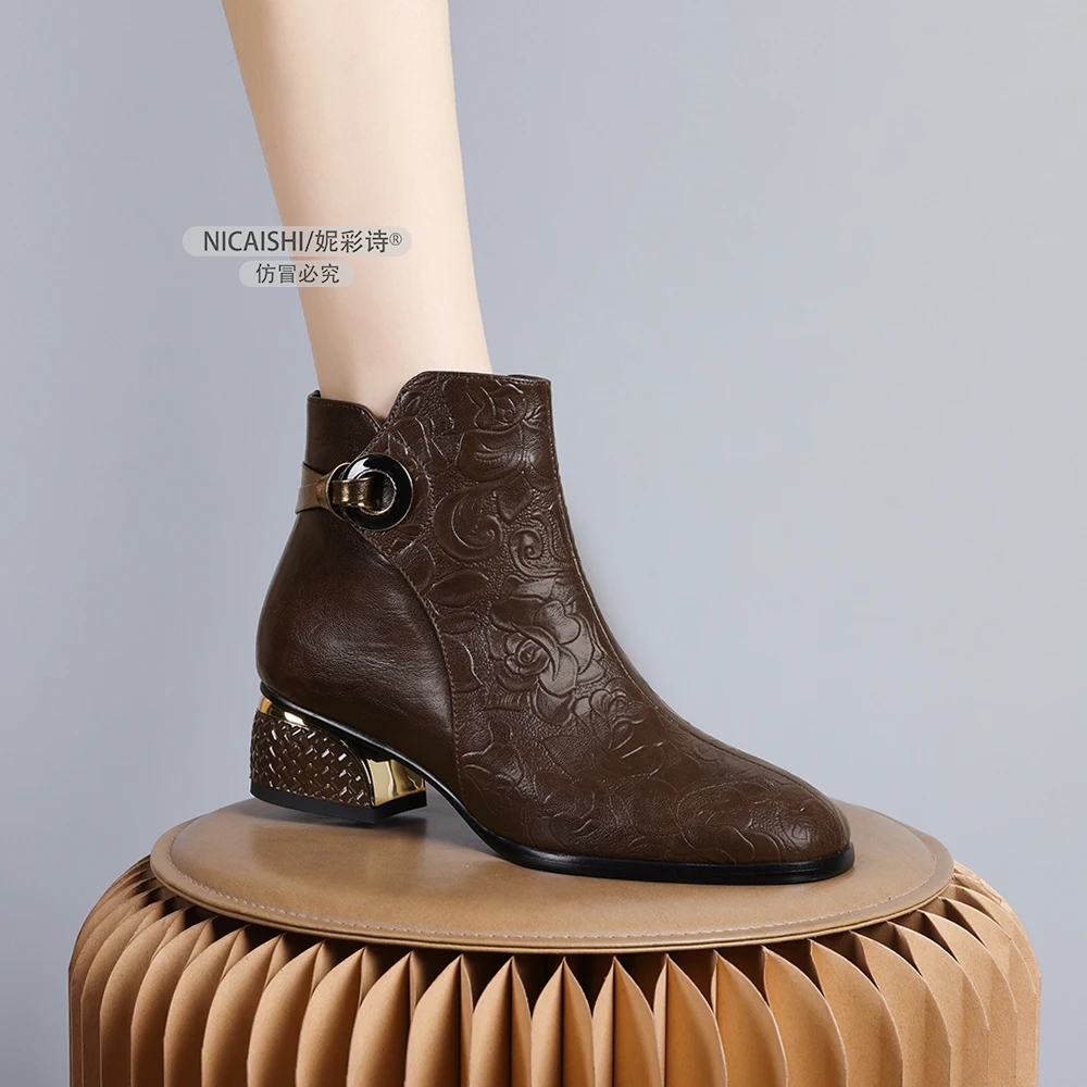 2024年新款欧美复古加绒炸街小短靴粗跟圆头侧拉链时尚马丁靴0338