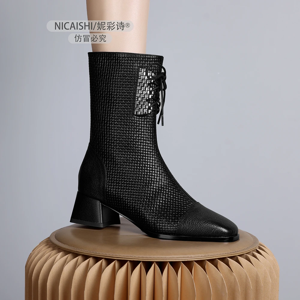 2024年新款欧美侧拉链时尚女中筒靴黑色百搭加绒方粗跟马丁靴0937