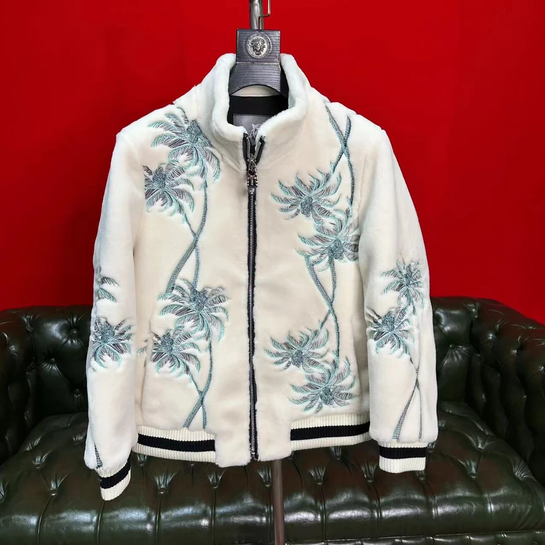 法拉盾甄选冬季立领时尚潮流保暖加厚刺绣椰子树羊毛外套男9033