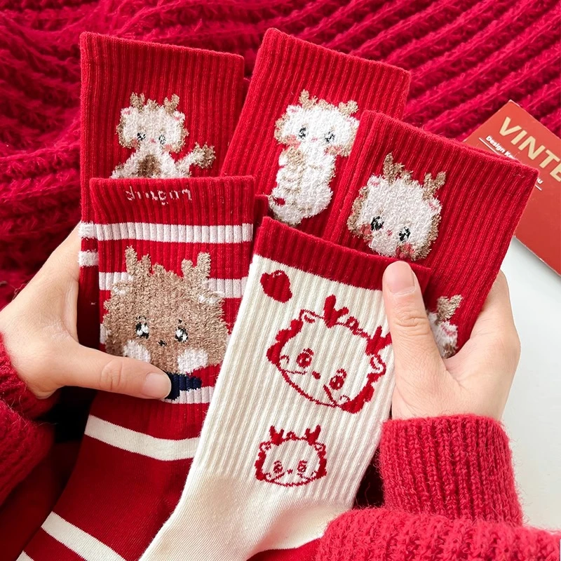 女童袜子秋冬季棉袜儿童红色中筒女孩本命年新年龙年红袜中大童袜