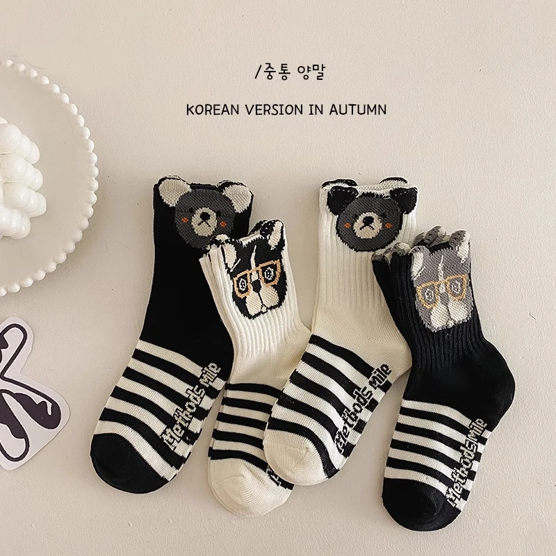 男童袜子春秋季中筒袜韩版儿童可爱卡通小熊棉袜秋季男孩条纹潮袜