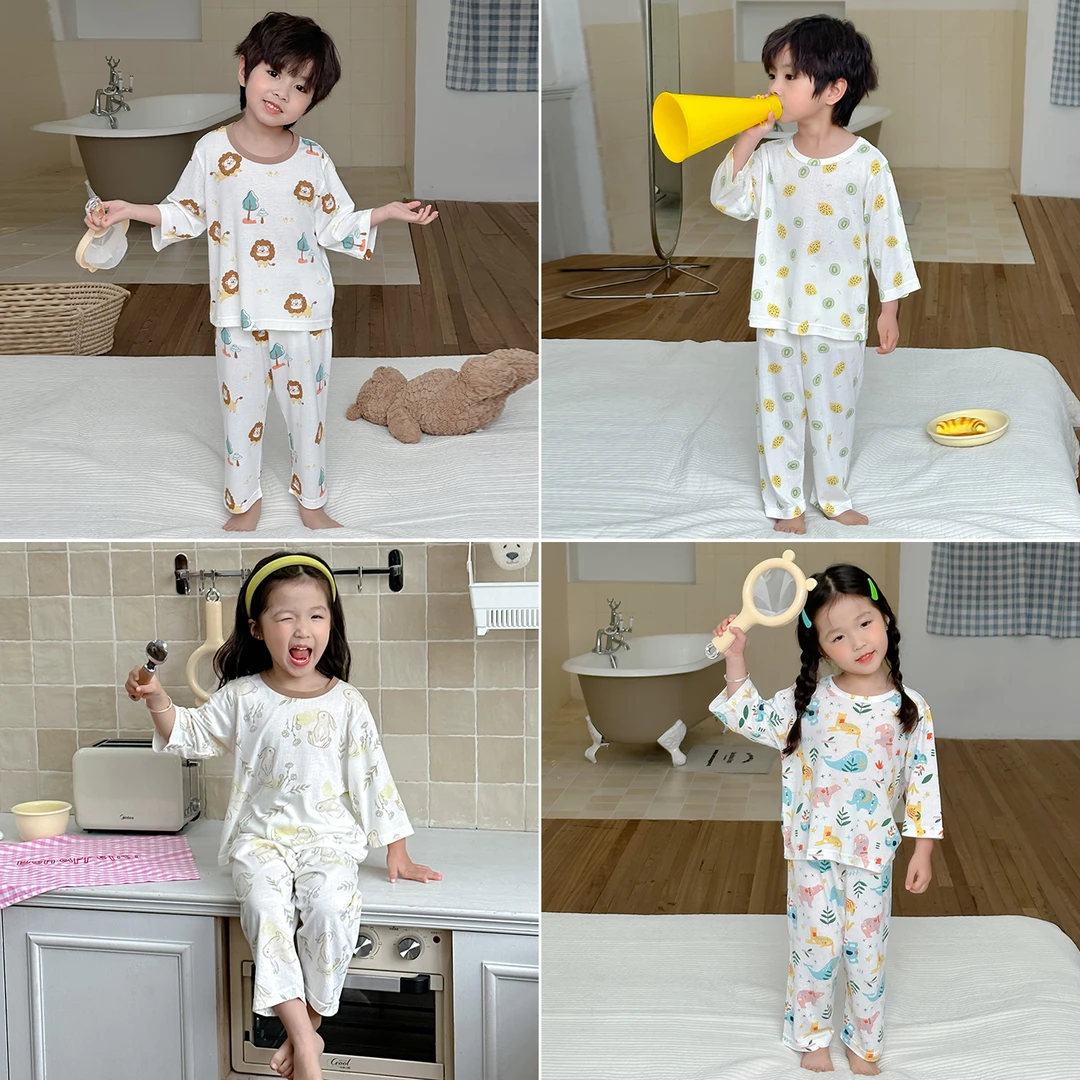 儿童睡衣男童夏秋季纯棉薄款空调服套装女孩洋气七分袖印花家居服