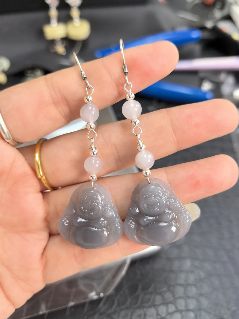 和田玉耳坠 银耳钩 烟紫 专拍差价链接