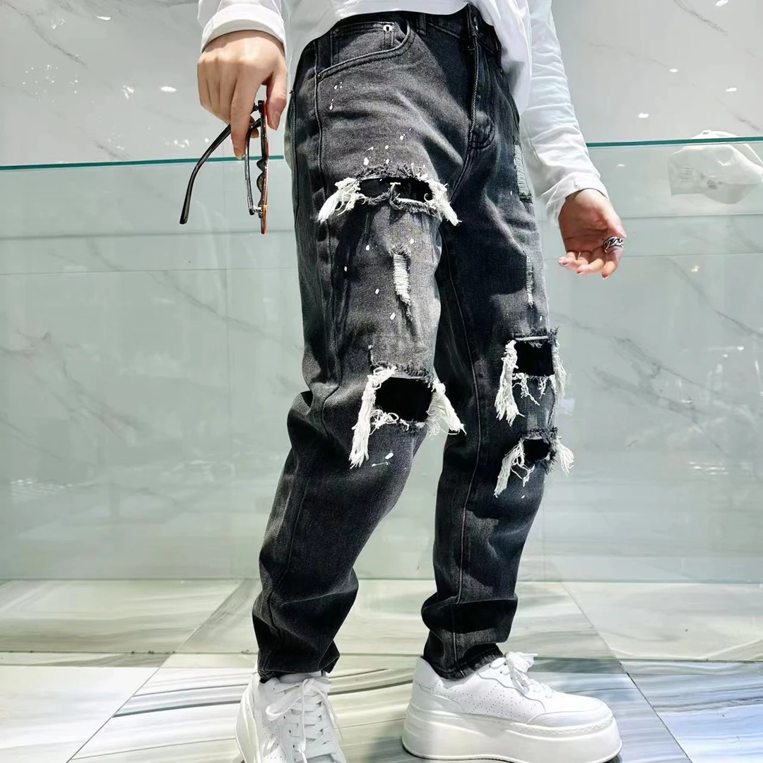尚锋男装新款高街破洞补丁泼墨个性水洗修身牛仔裤（KM008)