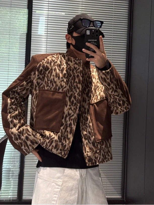 尚锋男装3225秋冬新品设计师系列韩系潮流时尚豹纹拼接夹克外套
