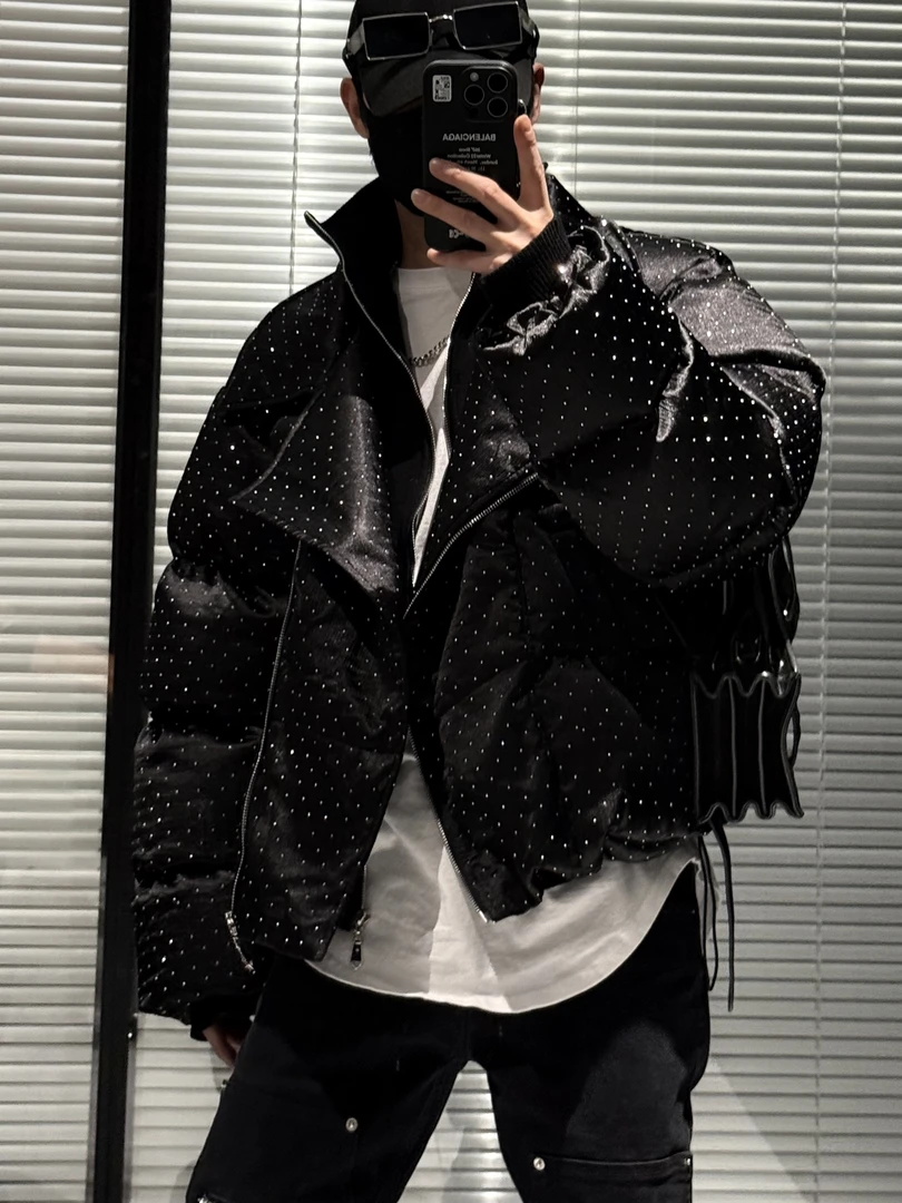 尚锋男装2027冬季保暖棉衣星空烫钻时尚潮流假两件翻领棉服外套男