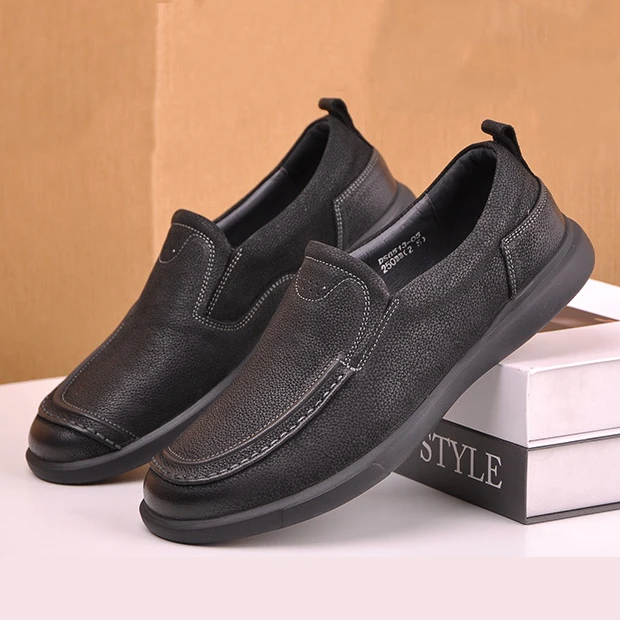 新款百搭休闲乐福皮鞋软底真皮一脚蹬商务爸爸鞋豆豆鞋户外真皮鞋