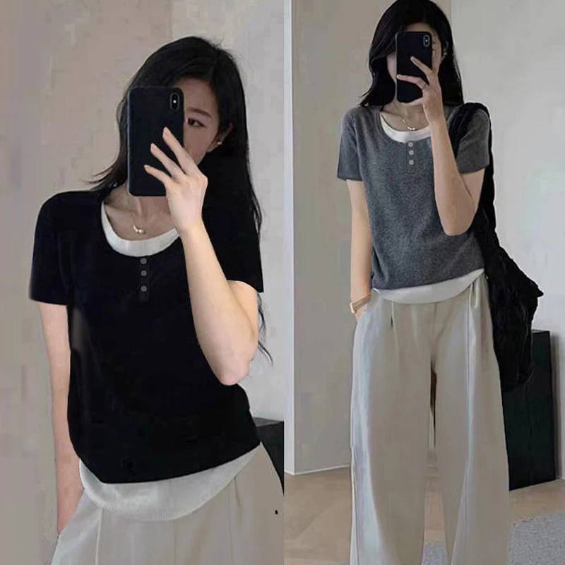 小个子休闲百搭时尚显瘦拼接圆领短款假两件短袖t恤女上衣