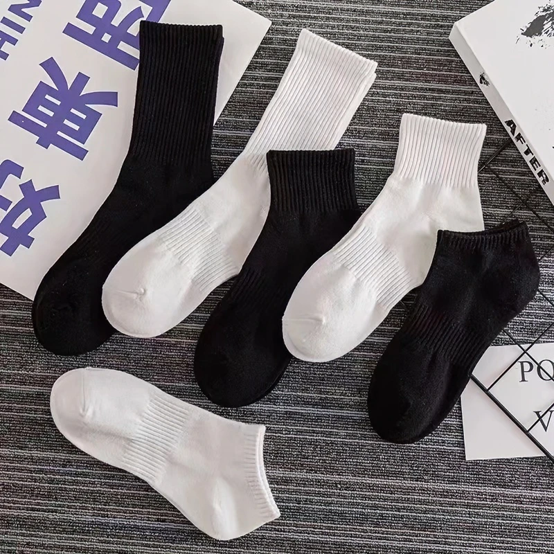 男女运动棉袜短袜ins简约潮袜中筒运动篮球纯色棉袜黑白搭配透气