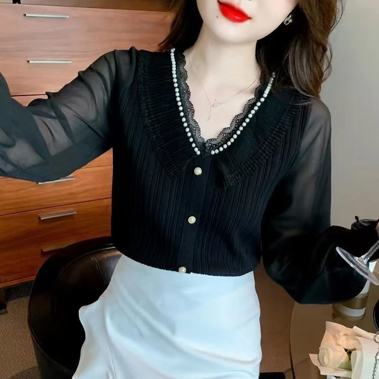 2023春秋爆款钉珠V领针织雪纺长袖百搭时尚蕾丝花边民族风上衣女