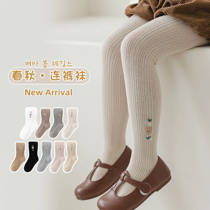 春秋款女童连裤袜子儿童宝宝儿童白色连裤袜卡通刺绣舞蹈袜外穿棉