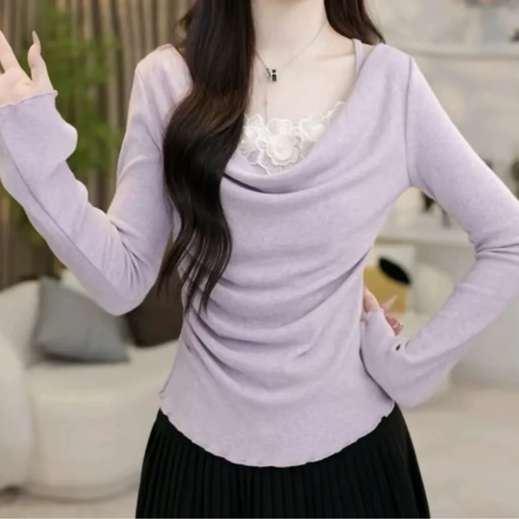 拼接假两件花朵吊带长袖女秋冬修身褶皱小众设计感短款绝美上衣潮