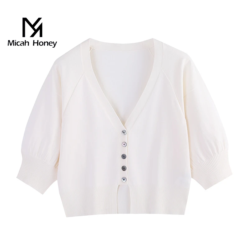 米加蜜百搭薄款针织中袖落肩纽扣开衫